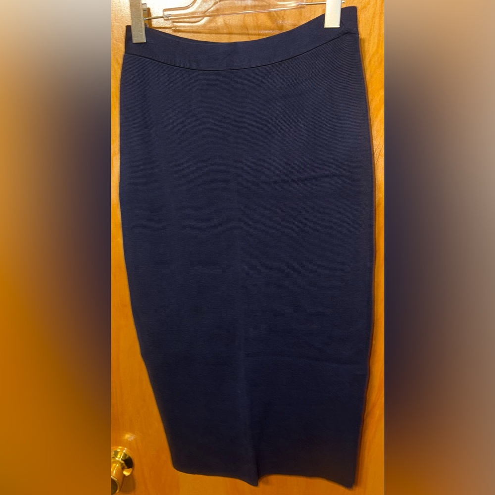Eileen Fisher navy blue ribbed knit fitted bodycon stretch midi skirt Size XS